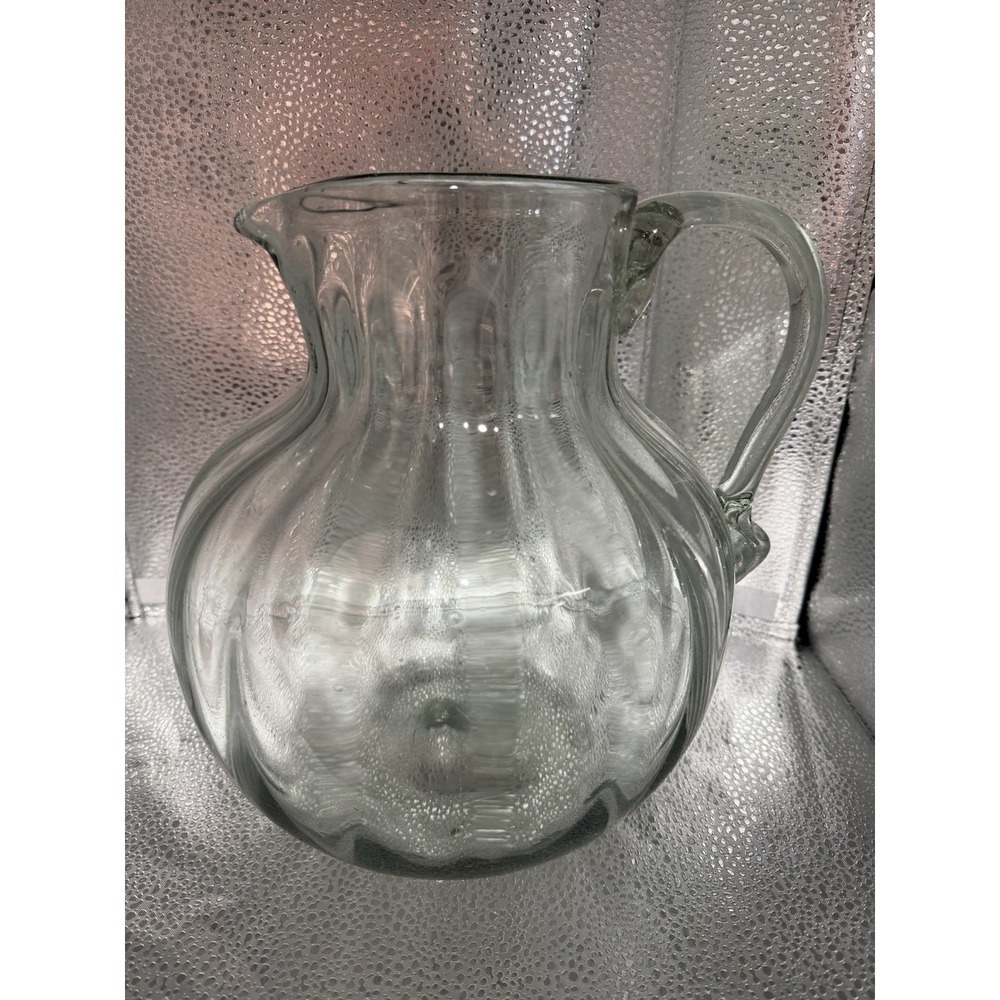 Vintage Large Handblown Glass Clear Pitcher Jug Optic Handled Ribbed 148 OZ